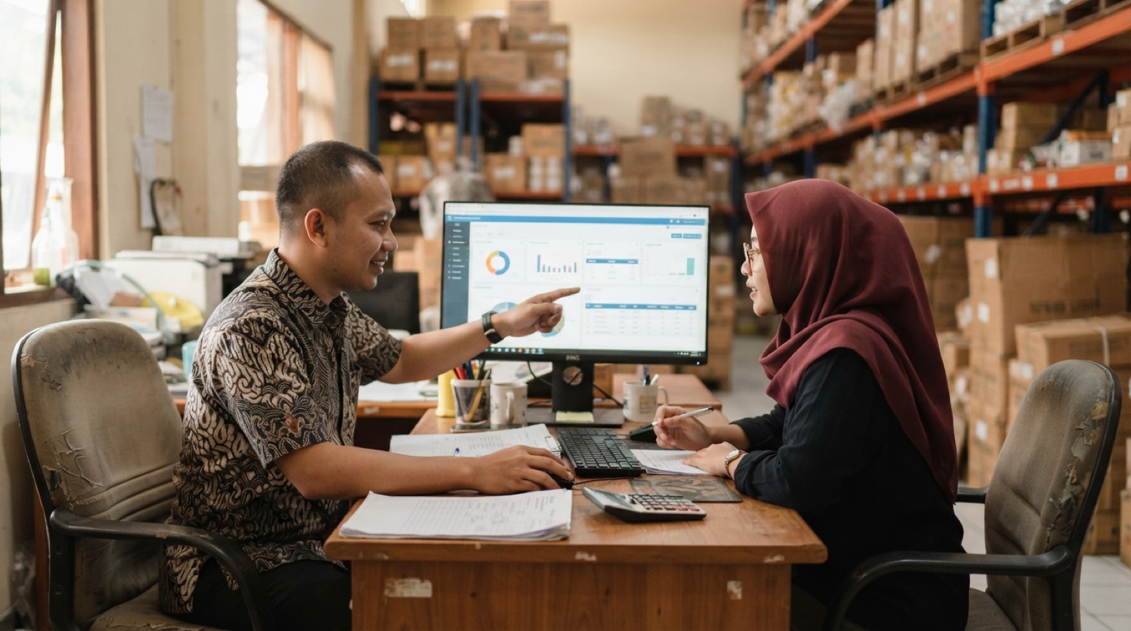 Pemilik usaha dan staf operasional melihat dasbor sistem software custom di kantor perusahaan distribusi