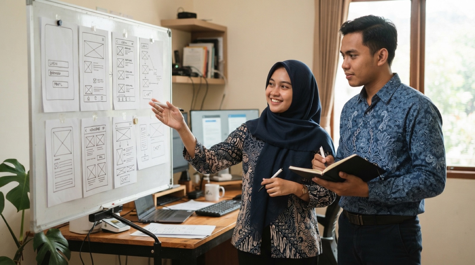 Dua staf perusahaan Indonesia membahas wireframe sketsa layar aplikasi yang ditempel di papan tulis