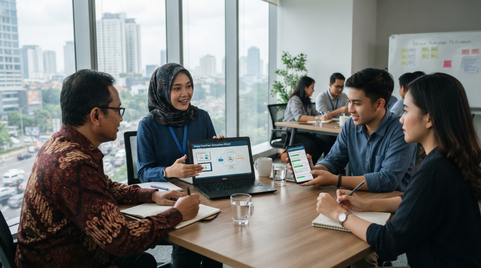 Pelatih perempuan berhijab menunjukkan modul kursus online di laptop kepada tiga karyawan di ruang pelatihan kantor Jakarta, salah satunya mengerjakan kuis di ponsel