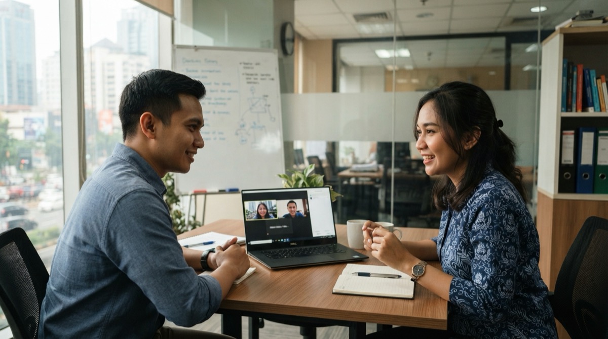 Dua profesional Indonesia berdiskusi lewat video call di ruang meeting kantor Jakarta saat membahas proyek pengembangan aplikasi