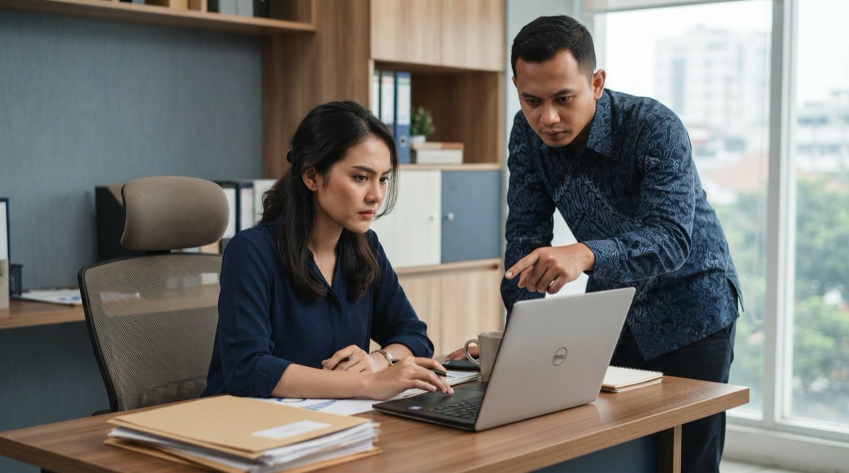 Pemilik usaha dan rekan kerja meninjau data pelanggan di laptop dalam kantor di Jakarta