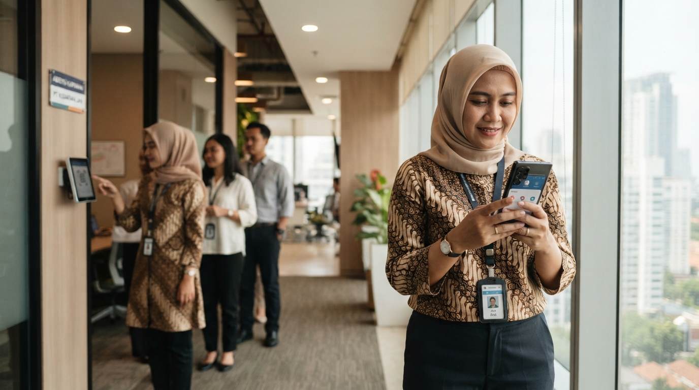 Manajer HR perempuan Indonesia memeriksa aplikasi absensi online di ponsel sementara karyawan memindai wajah di tablet dekat pintu kantor