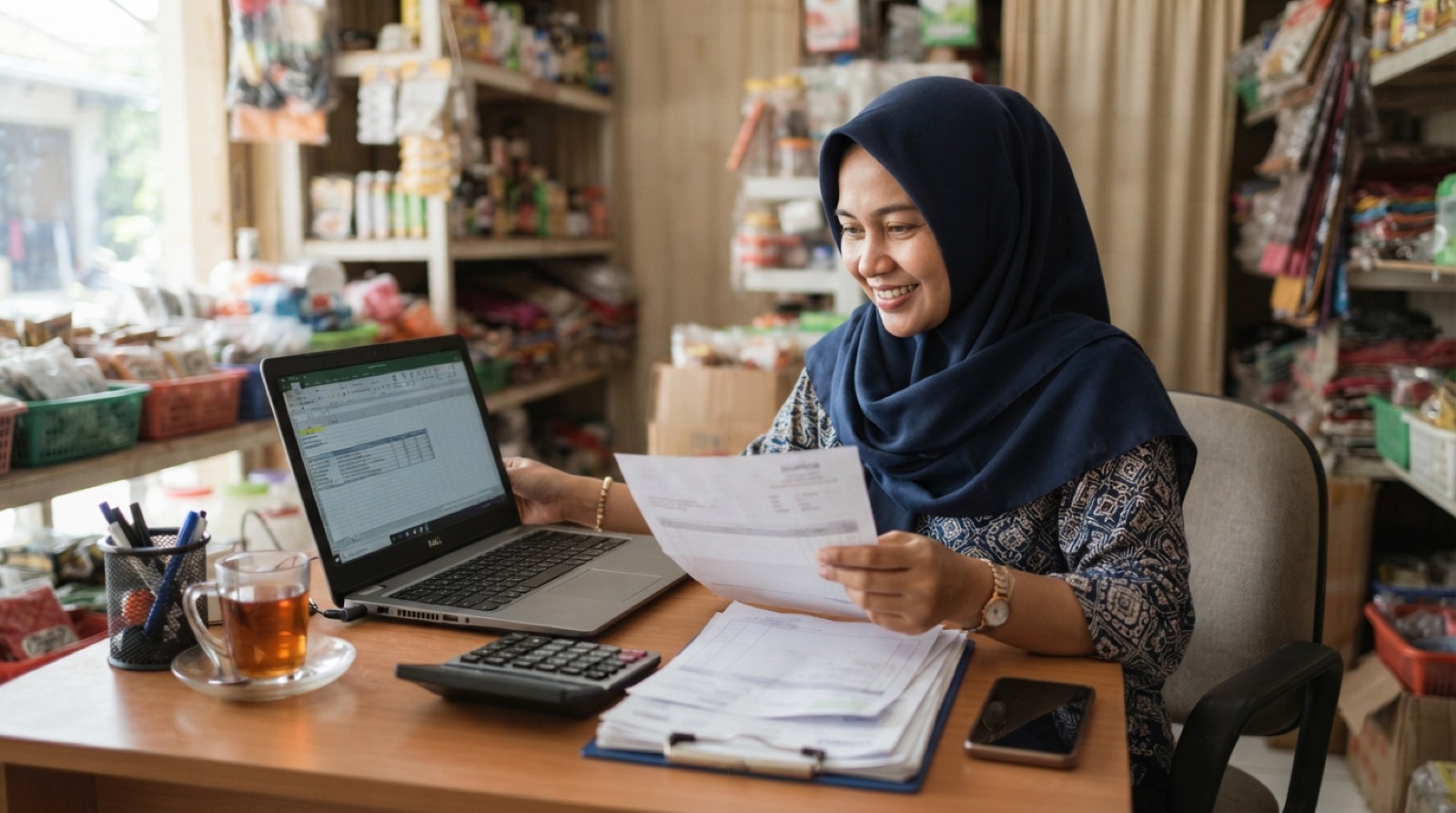 Pemilik usaha kecil di Indonesia memeriksa lembar invoice di meja kerjanya