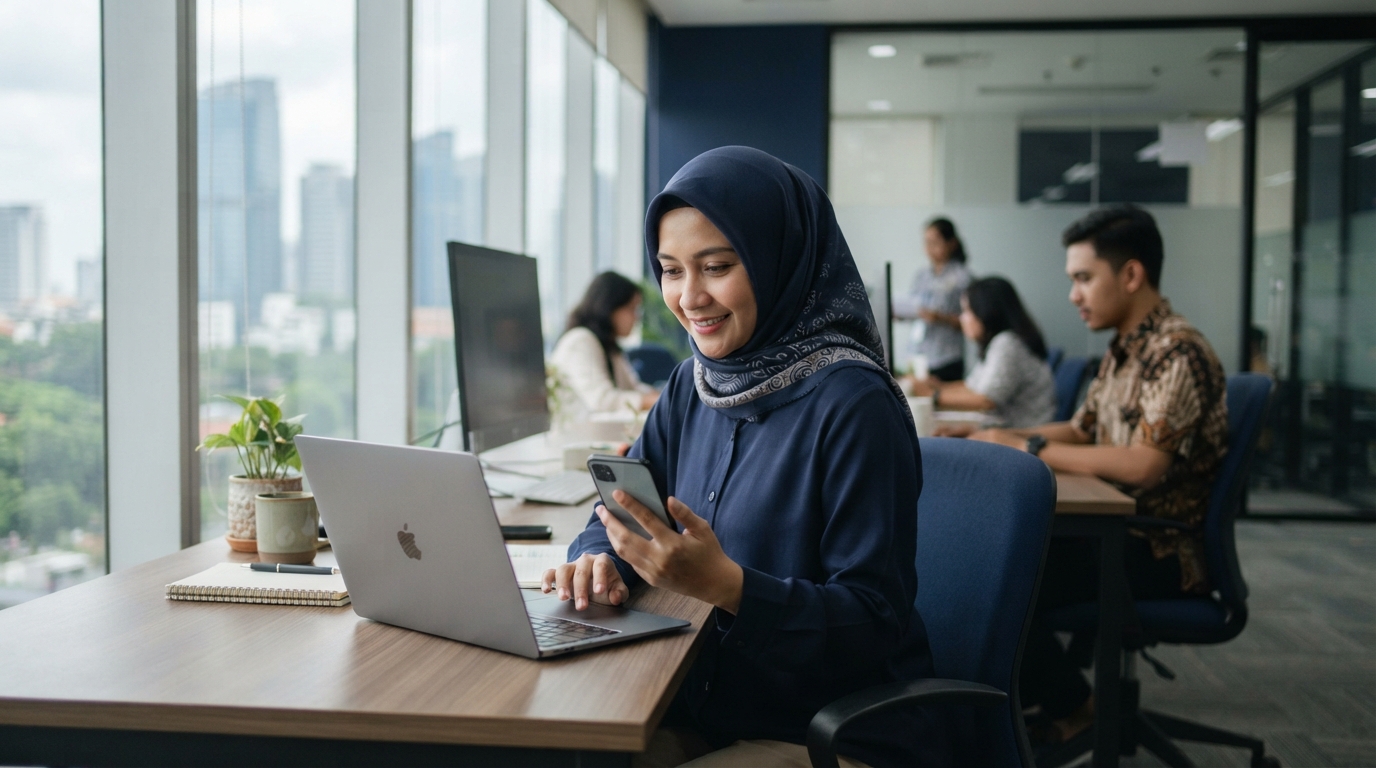 Karyawati kantor di Jakarta memverifikasi login SSO lewat ponsel sambil membuka laptop