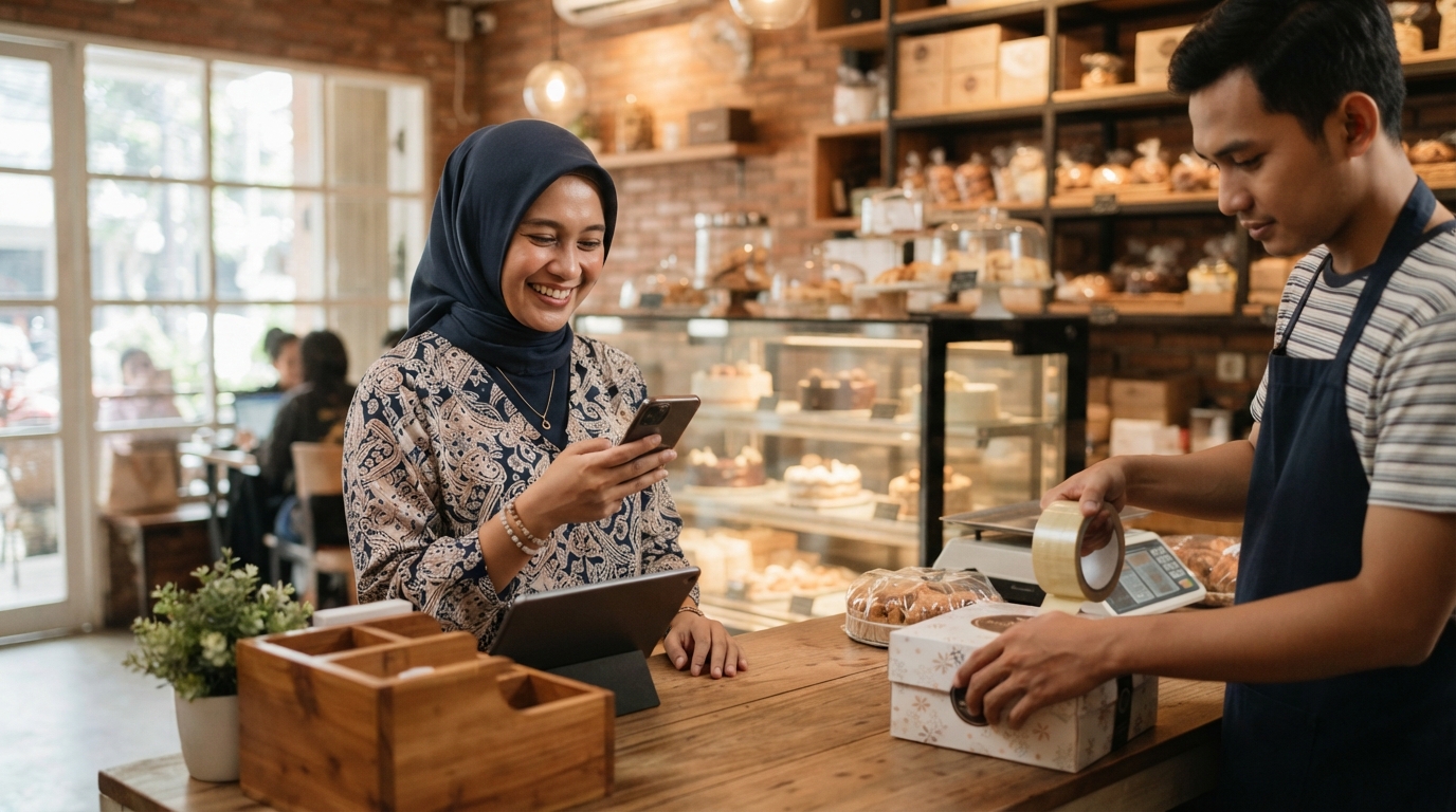 Pemilik toko kue di Jakarta membalas pesanan pelanggan lewat WhatsApp sementara staf mengemas pesanan