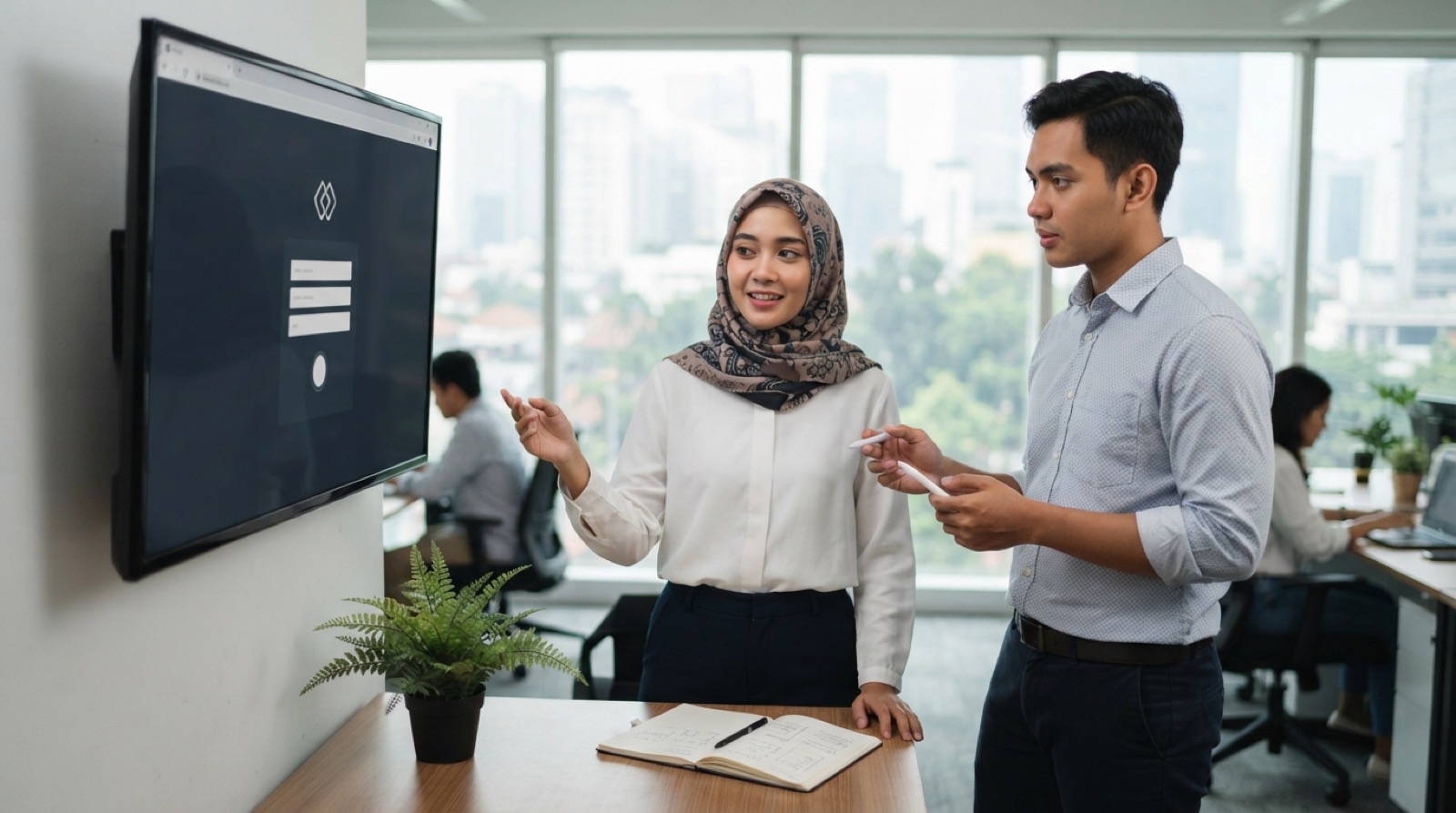 Dua profesional Indonesia berdiskusi di depan monitor menampilkan rancangan landing page di kantor Jakarta