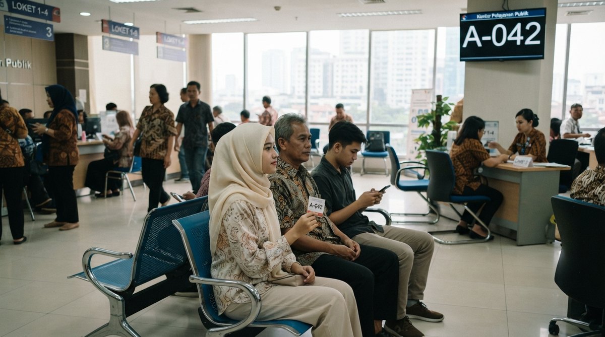 Ruang tunggu kantor layanan publik di Jakarta dengan layar antrian digital menampilkan nomor A-042