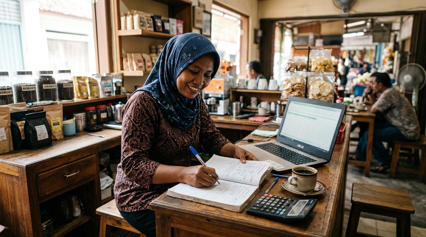 Pemilik warung kopi kecil di Indonesia mencatat pemasukan dan pengeluaran di buku catatan dan laptop untuk laporan keuangan sederhana