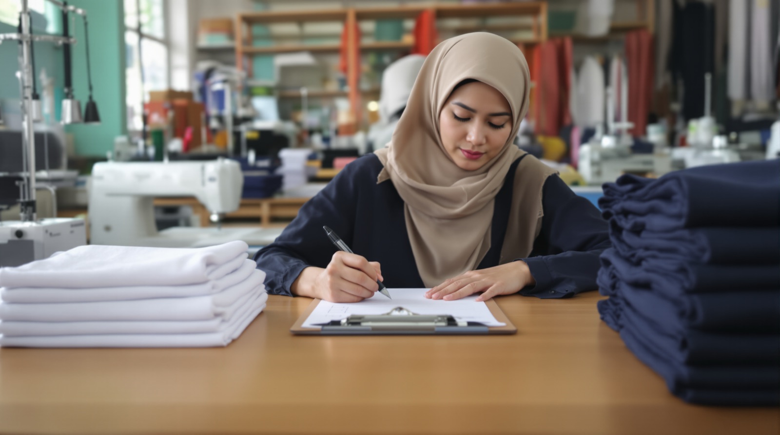 Pemilik usaha konveksi berhijab mencentang daftar pesanan purchase order di papan klip, di samping tumpukan kaos polo siap kirim