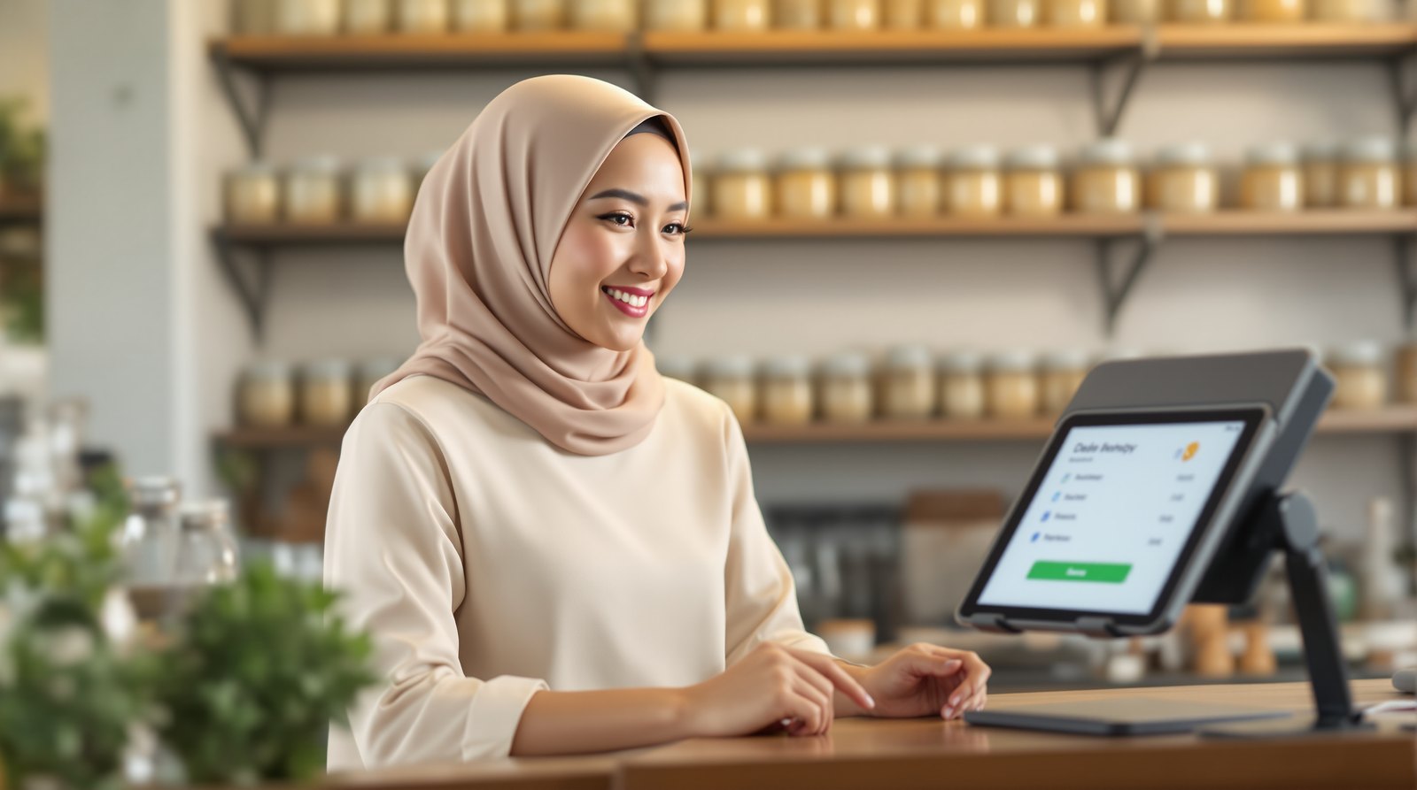Pemilik usaha berhijab tersenyum menatap layar tablet kasir yang menampilkan daftar pesanan di meja toko