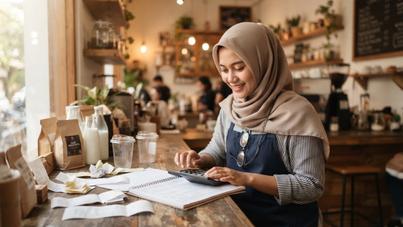 Pemilik kedai kopi menghitung HPP bahan baku dengan kalkulator, buku catatan, dan nota belanja di meja bar