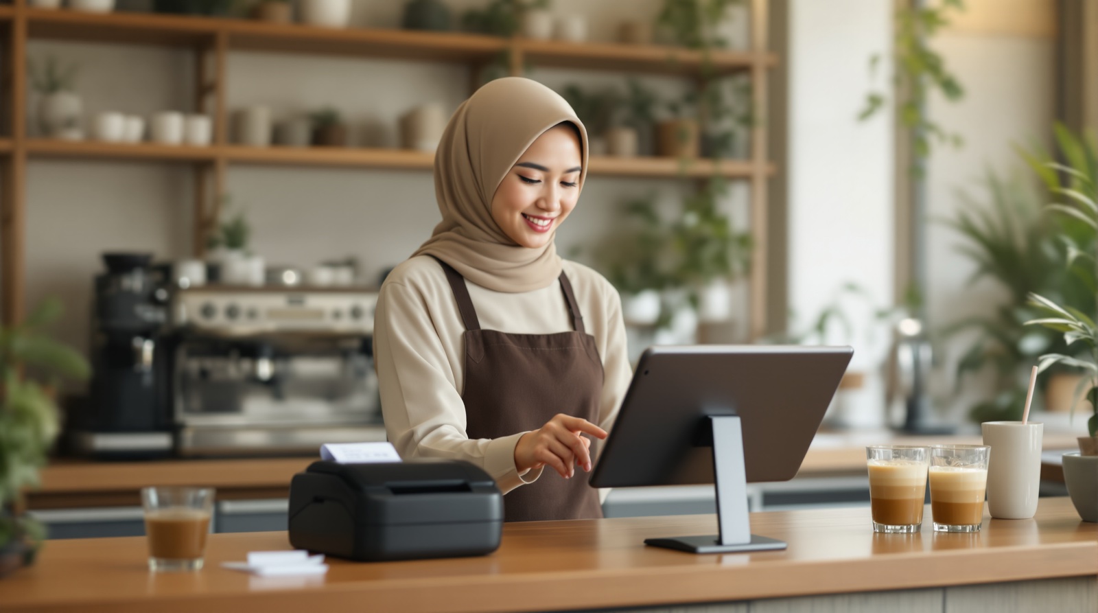 Pemilik kafe berhijab memakai aplikasi kasir di tablet, hasil jasa pembuatan aplikasi kasir untuk usaha kuliner