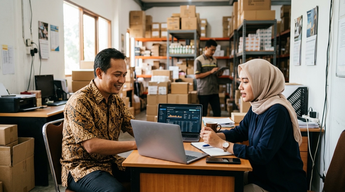 Jasa pembuatan ERP: pemilik distributor dan konsultan berhijab membahas dasbor stok di kantor gudang Surabaya