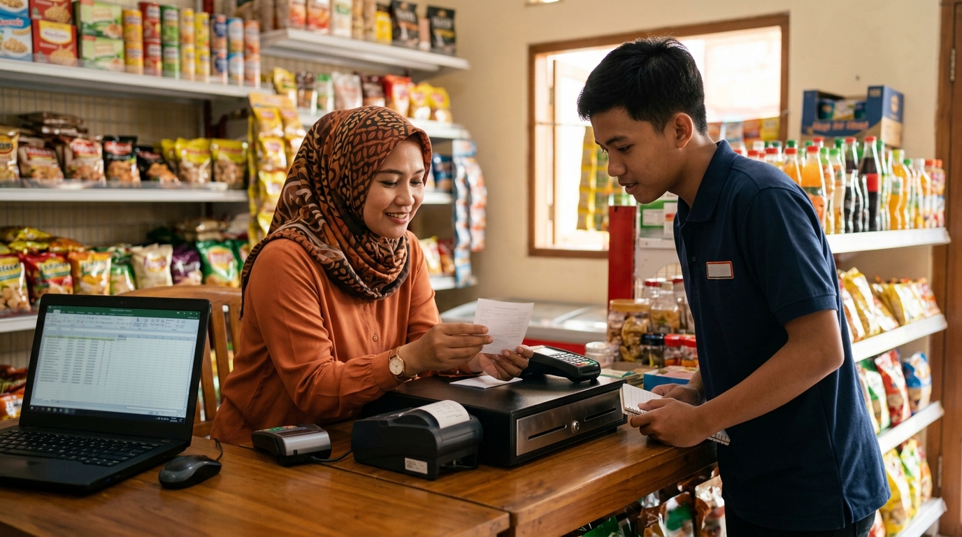 Pemilik toko berhijab memeriksa slip gaji bersama karyawan di meja kasir toko kelontong di Bekasi